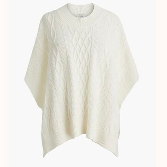 J. CREW Women's One Size Mock Neck Fisherman Cable Knit Poncho Sweater Cream - Picture 1 of 16